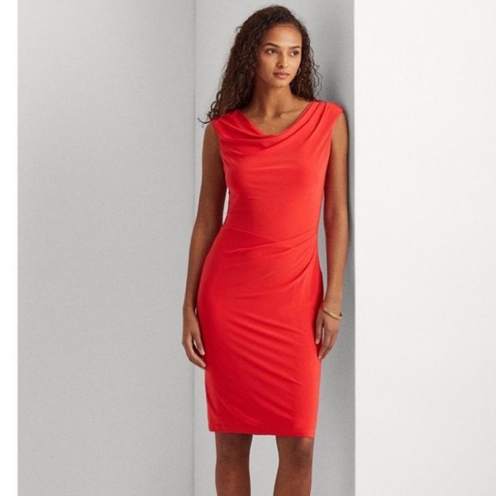 NWOT Ralph Lauren Cowl Neck Jersey Sheath Dress Size 8 Midi Pleated Orange Coral
